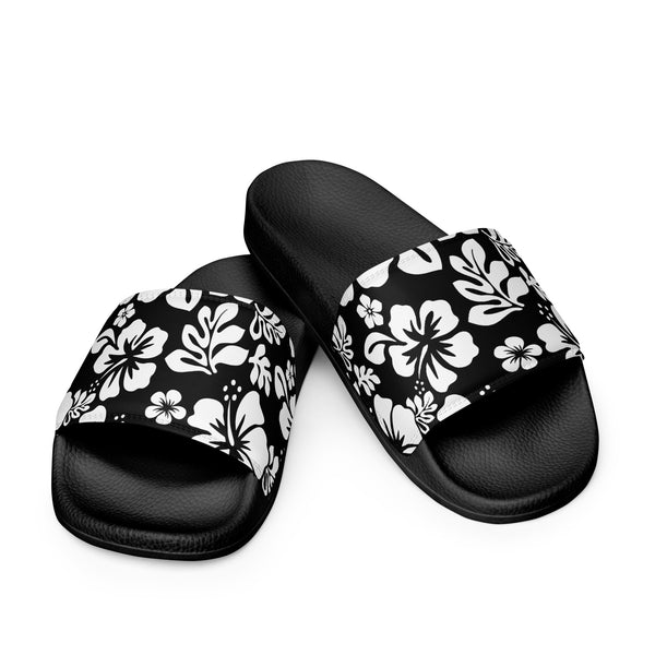 Black and White Hawaiian Flowers Men’s Slides Sandals