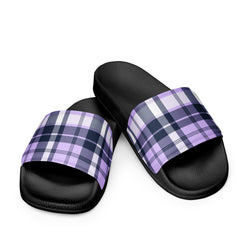 Lavender and Navy Blue Preppy Surfer Plaid Men’s Slides Sandals