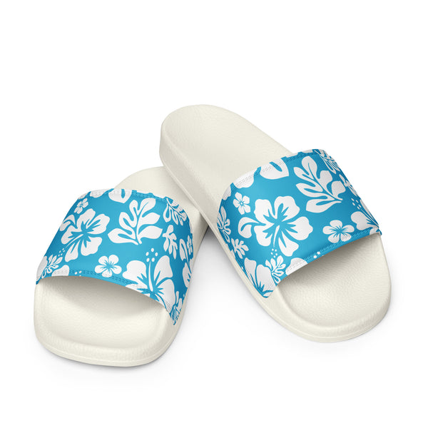 Aqua Blue and White Hawaiian Flowers Men’s Slides Sandals