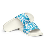 Aqua Blue and White Hawaiian Flowers Men’s Slides Sandals