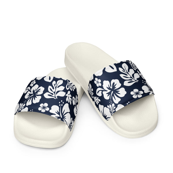 Navy Blue Hawaiian Flowers Men’s Slides | Extremely Stoked® Surf-Style Sandals