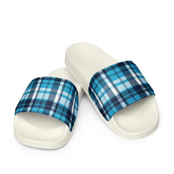 Aqua and Navy Blue Preppy Surfer Plaid Men’s Slides Sandals