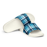 Aqua and Navy Blue Preppy Surfer Plaid Men’s Slides Sandals