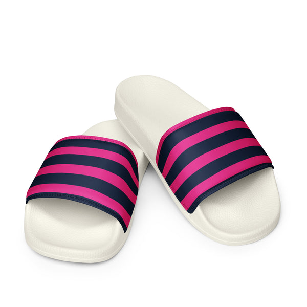 Classic Navy Blue and Hot Pink Beach Stripes Men’s Slides