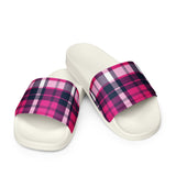 Hot Pink and Navy Blue Preppy Surfer Plaid Men’s Slides Sandals