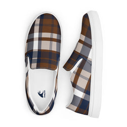 Brown and Navy Blue Preppy Surfer Plaid Men’s Slip On Canvas Shoes