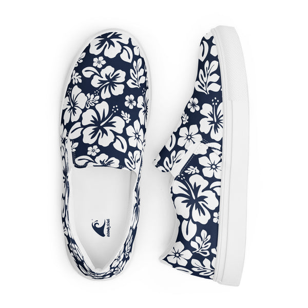 Navy Blue Hawaiian Flowers Men’s Slip On Canvas Shoes