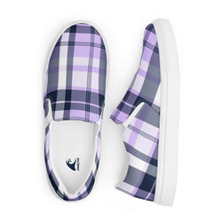 Lavender and Navy Blue Preppy Surfer Plaid Men’s Slip On Canvas Shoes