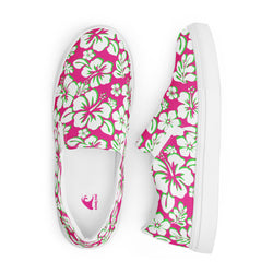Hot Pink, Lime Green and White Hawaiian Flowers Men’s Slip On Canvas Shoes