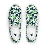 Navy Blue, Lime and White Hawaiian Flowers Men’s Slip On Canvas Shoes