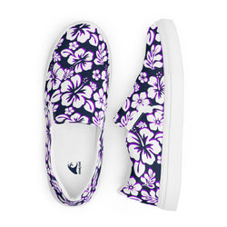 Navy Blue, Purple and White Hawaiian Flowers Men’s Slip On Canvas Shoes