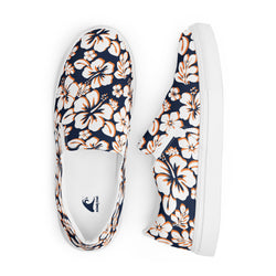 Navy Blue, Orange and White Hawaiian Flowers Men’s Slip On Canvas Shoes