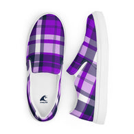 Purple & Navy Blue Plaid Men's Slip-On Sneakers | Extremely Stoked® Surf-Style Canvas Shoes