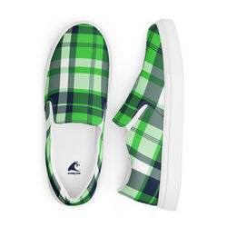 Lime Green and Navy Blue Preppy Surfer Plaid Men’s Slip On Canvas Shoes