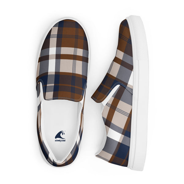 Brown Navy Blue Plaid Men's Slip-On Sneakers Extremely Stoked