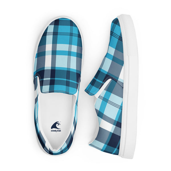 Aqua and Navy Blue Preppy Surfer Plaid Men’s Slip On Canvas Shoes