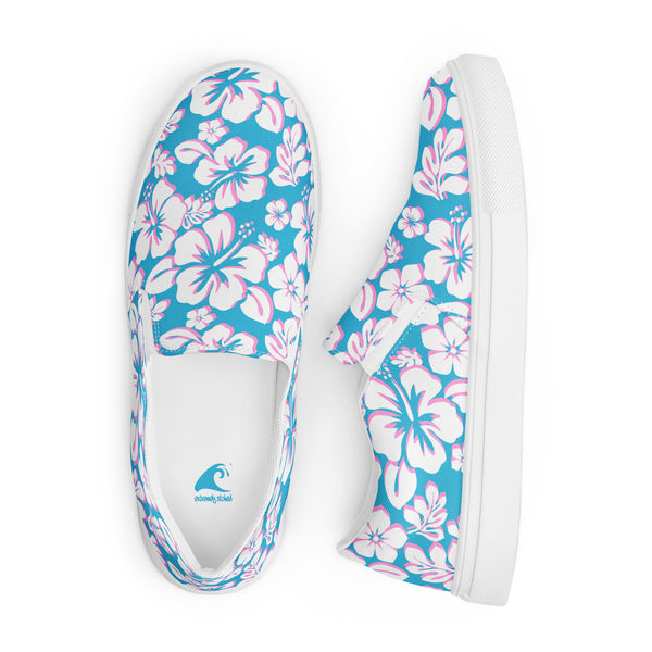 Aqua Blue and Pink Hawaiian Flowers Men's Slip-On Sneakers | Extremely Stoked® Surf-Style Canvas Shoes