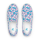 Aqua Blue, Hot Pink and White Hawaiian Flowers Men’s Slip On Canvas Shoes