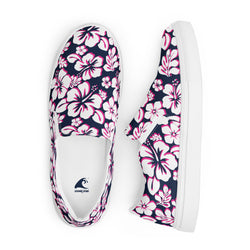 Navy Blue, Hot Pink and White Hawaiian Flowers Men’s Slip On Canvas Shoes