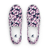 Navy Blue, Hot Pink and White Hawaiian Flowers Men’s Slip On Canvas Shoes