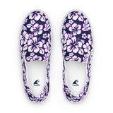 Navy Blue, Purple and White Hawaiian Flowers Men’s Slip On Canvas Shoes