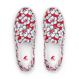 Red, Aqua Blue and White Hawaiian Flowers Men’s Slip On Canvas Shoes