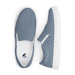 Navy Blue Gingham Check Men’s Slip On Canvas Shoes