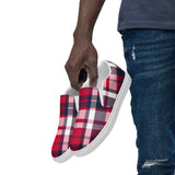 Red, White and Navy Blue Preppy Surfer Plaid Men’s Slip On Canvas Shoes