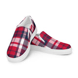 Red, White and Navy Blue Preppy Surfer Plaid Men’s Slip On Canvas Shoes
