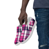 Hot Pink and Navy Blue Preppy Surfer Plaid Men’s Slip On Canvas Shoes