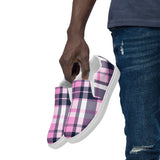 Pink and Navy Blue Preppy Surfer Plaid Men’s Slip On Canvas Shoes