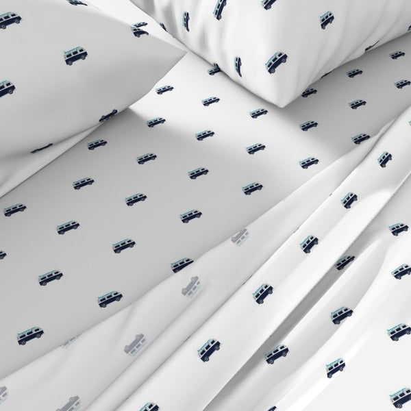 Navy Blue, White and Aqua Blue Classic Surf Bus Sheet Set from Surfer Bedding™️