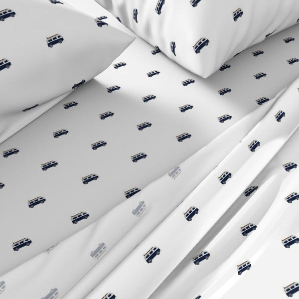 Navy Blue, White and Brown Classic Surf Bus Sheet Set from Surfer Bedding™️