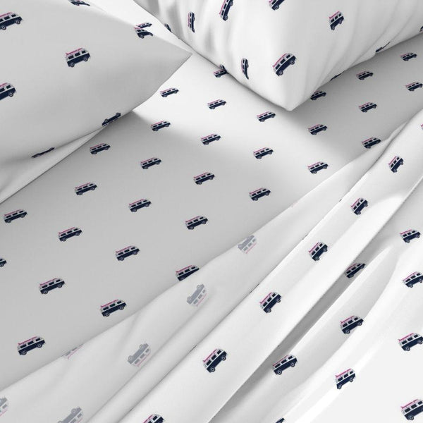 Navy Blue, White and Hot Pink Classic Surf Bus Sheet Set from Surfer Bedding™️ - Extremely Stoked