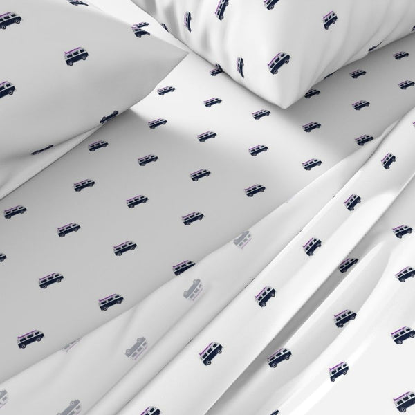 Navy Blue, White and Purple Classic Surf Bus Sheet Set from Surfer Bedding™️