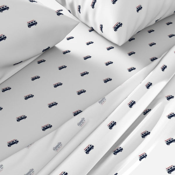 Navy Blue, White and Red Classic Surf Bus Sheet Set from Surfer Bedding™️ - Extremely Stoked
