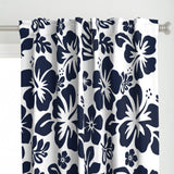 Navy Blue Hawaiian Flowers on White Window Curtains - Extremely Stoked® Eco Beach Luxe Collection - Medium Scale