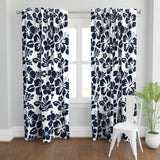 Navy Blue Hawaiian Flowers on White Window Curtains - Extremely Stoked® Eco Beach Luxe Collection - Medium Scale