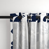 Navy Blue Hawaiian Flowers on White Window Curtains - Extremely Stoked® Eco Beach Luxe Collection - Medium Scale
