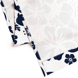 Navy Blue Hawaiian Flowers on White Window Curtains - Extremely Stoked® Eco Beach Luxe Collection - Medium Scale