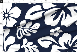 White Hawaiian Flowers on Navy Blue Fabric By The Yard - Large Scale Linen Cotton Canvas