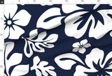 White Hawaiian Flowers on Navy Blue Fabric By The Yard - Large Scale Linen Cotton Canvas
