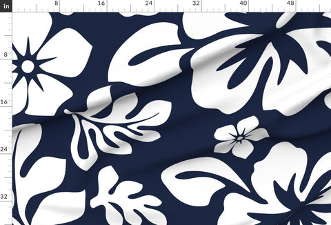 White Hawaiian Flowers on Navy Blue Fabric By The Yard - Large Scale Linen Cotton Canvas