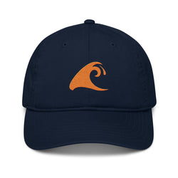 Navy Blue Organic Cotton Baseball Cap with Orange Epic Wave Logo | Eco Surf Style Hat by Extremely Stoked®