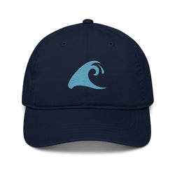 Navy Blue Organic Cotton Baseball Cap with Aqua Epic Wave Logo | Eco Surf Style Hat by Extremely Stoked®