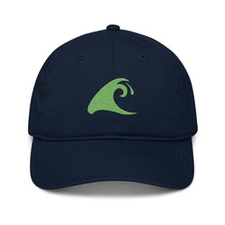 Navy Blue Organic Cotton Baseball Cap with Lime Green Epic Wave Logo | Eco Surf Style Hat by Extremely Stoked®