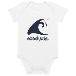 Organic Cotton Baby Onesie Bodysuit with Extremely Stoked Epic Wave Logo -White