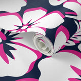 White, Hot Pink and Navy Blue Hawaiian Hibiscus Flowers Wallpaper - Extremely Stoked