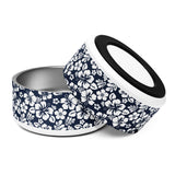 Navy Blue and White Hawaiian Flowers Pet Bowl