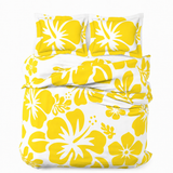 Yellow Hawaiian Flowers on White Duvet Cover – Large Scale – Extremely Stoked® Eco Luxe Beach Bedding